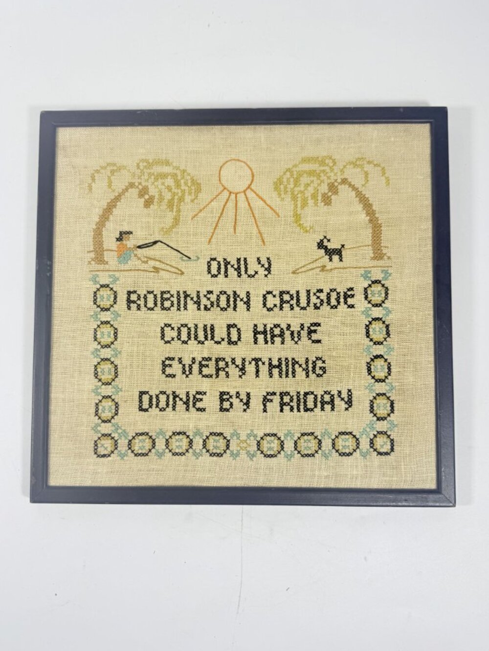 Framed Needlwork Cross Stitch Humor Only Robinson Crusoe Could Have Everything D - Picture 2 of 15
